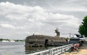 russian submarine with torpedo on shore